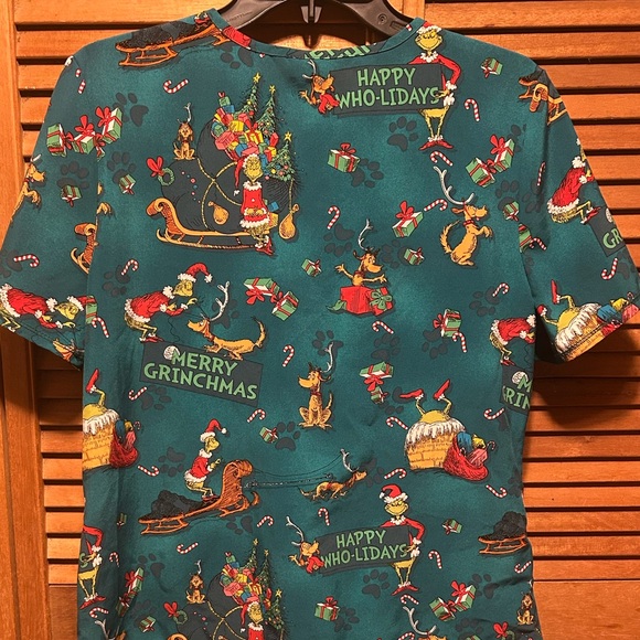 Dr. Seuss How the Grinch Stole Christmas Teal Holiday Print Scrub - Picture 10 of 15